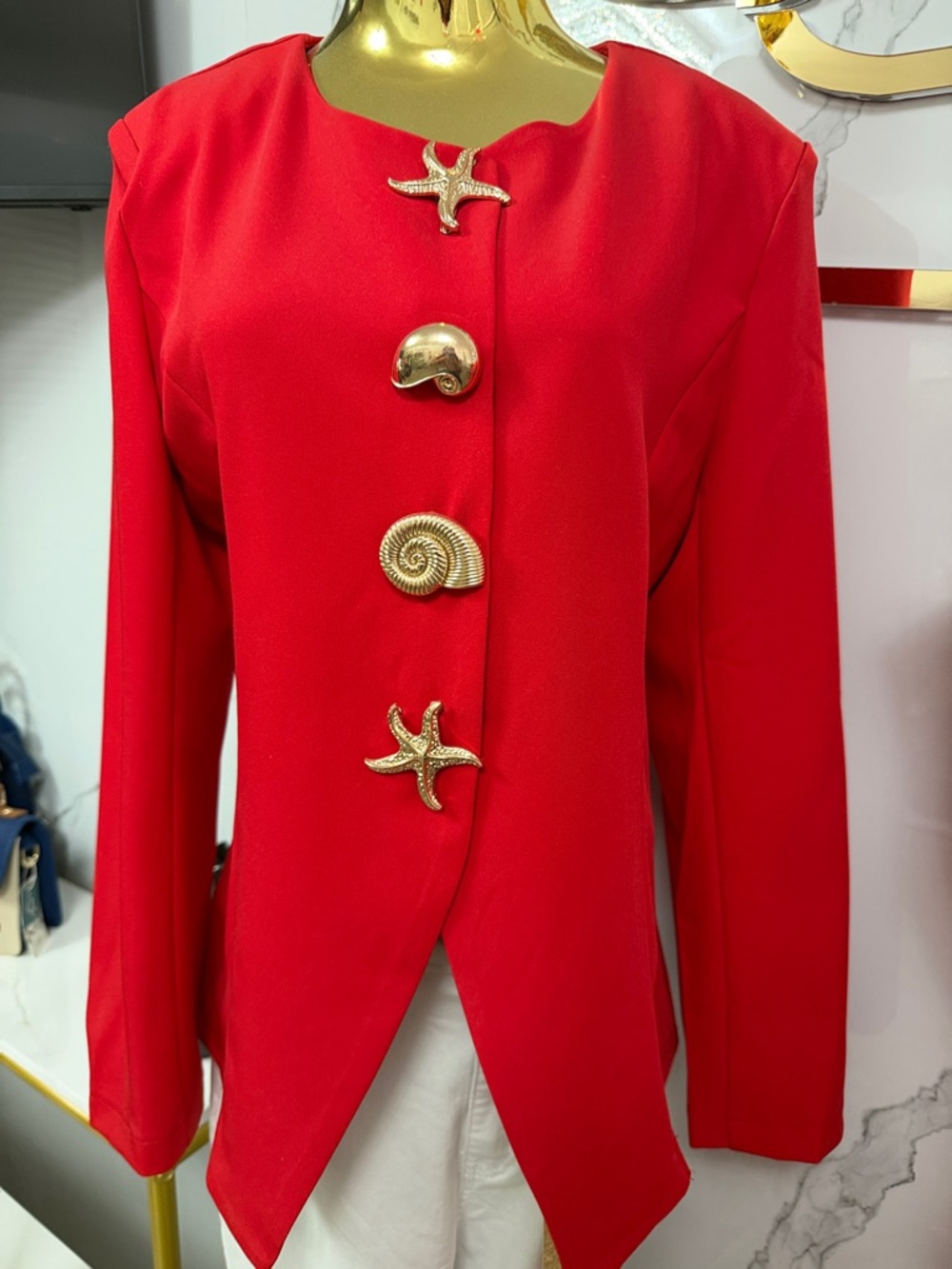 Pastels Red Blazer with Gold Seashell Buttons